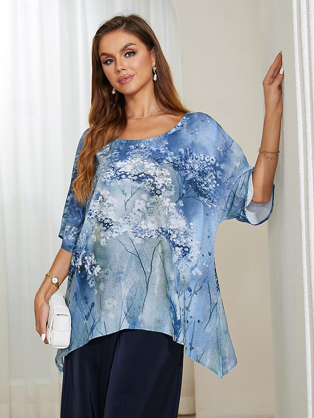  Pentru femei Bluză Floral Zilnic Zilnic Casual Manșon Jumate Stil Nautic Albastru Prăfuit Vară Primăvară