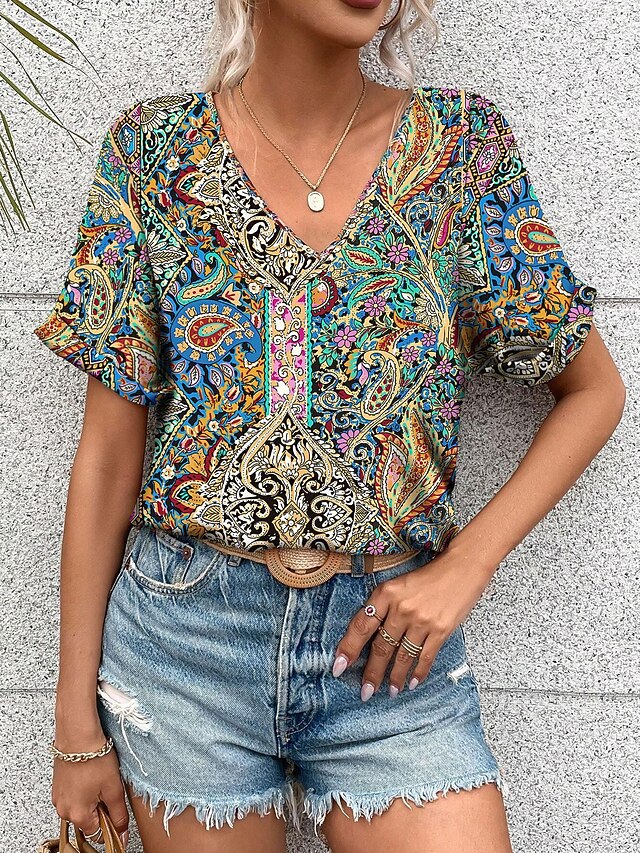 Women's T Shirt Boho Blouse Paisley Print V-Neck Short Sleeve Casual Loose Fit Multicolor Lightweight Summer Top 20