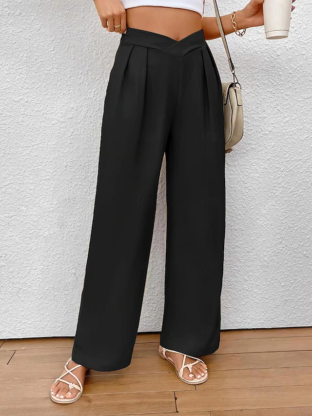 Women's Wide Leg Pants Trousers Fashion Long Plain Wide Leg Breathability Comfortable Micro-elastic Daily Wear Black Khaki Spring & Summer Regular Fit 12