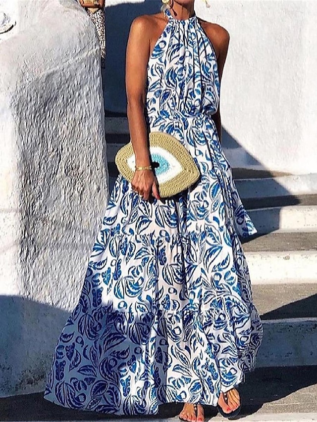  Pentru femei Rochie Lunga Rochie Maxi Rochie casual Rochie leagăn Rochie A line Rochie de vară Stilat Casual Vacanță Zilnic Dată Fit regulat Floral Fără manșon Gâtul halter Albastru piscină Trifoi