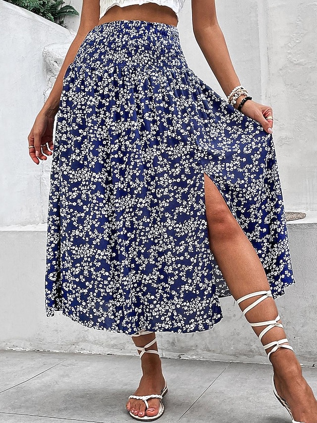  Women's Skirt A Line Midi Skirts Print Split Ends Floral Casual Daily Weekend Summer Polyester Fashion Casual Navy Blue