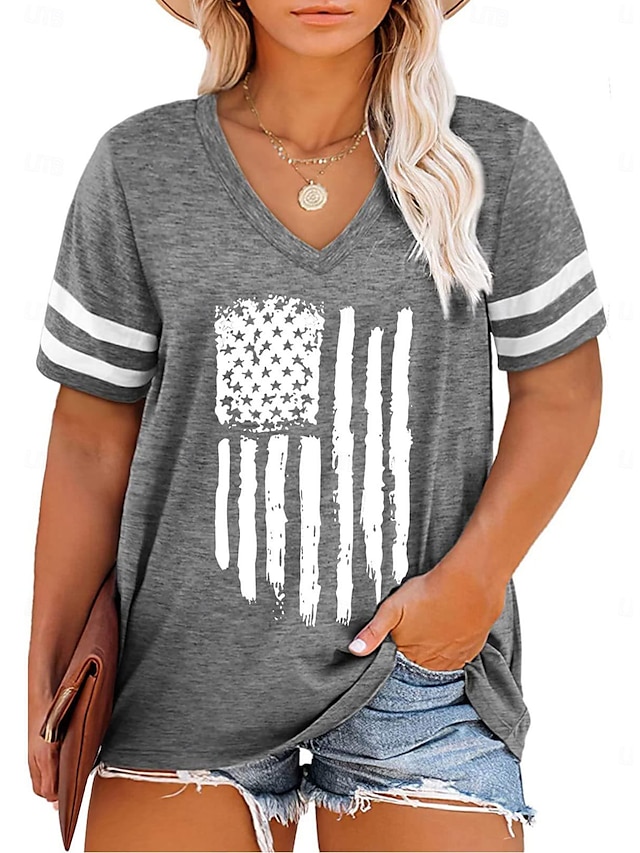 女性用 Tシャツ アメリカの国旗 プリント 週末 アメリカ独立記念日 ファッション 半袖 Ｖネック ブラック 夏