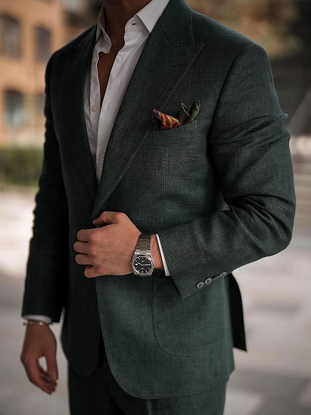  Dark Green Men's Wedding Linen Suits Solid Colored 2 Piece Tailored Fit Single Breasted One-button 2024