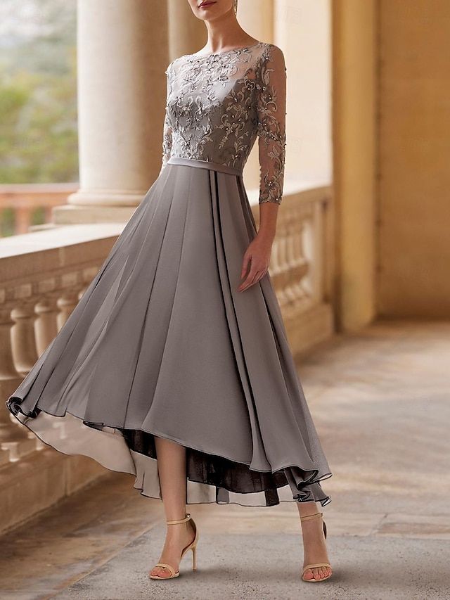  kolumna sukienka dla matki panny młodej elegancka sukienka dla gościa weselnego zabudowany dekolt długość przednia szyfon rękaw 3/4 z aplikacjami 2024