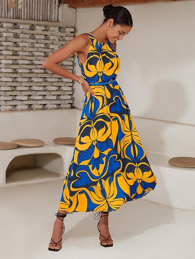 Yellow Floral Printed Midi Dress with Waist Tie-up