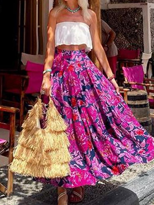  Dam Kjol A-linje Gunga Maxi Kjolar Mönster Blommig Helgdag Semester Sommar Polyester Ledigt Boho Fuchsia