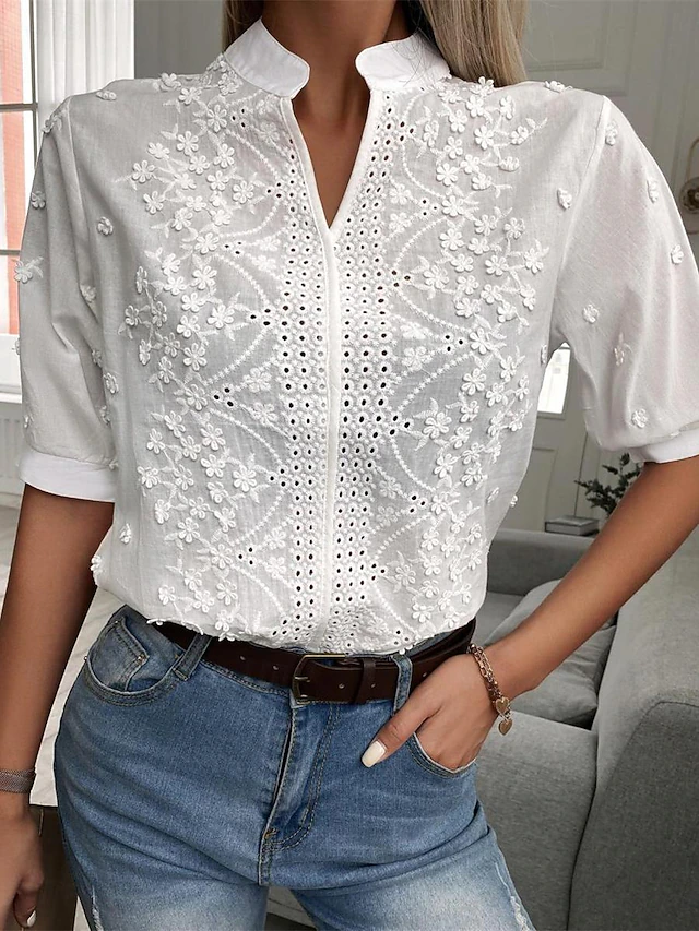 Shirt Lace Shirt Blouse Dressy Tops Women's White Plain Eyelet Lace Street Daily Basic Modern V Neck Regular Fit S 6