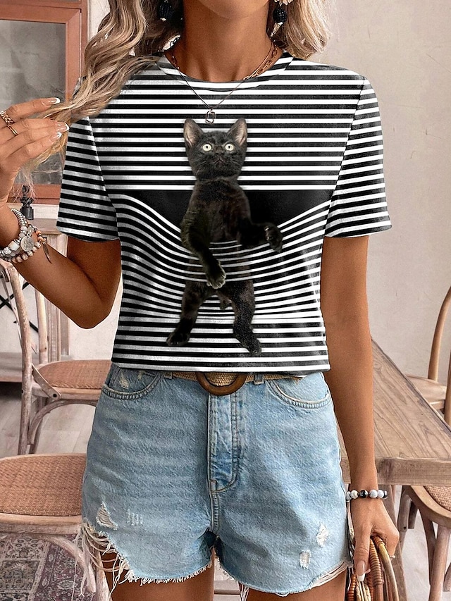  Damen T Shirt 3D cat Tier Bedruckt Täglich Wochenende Modisch Kurzarm Rundhalsausschnitt Schwarz Sommer