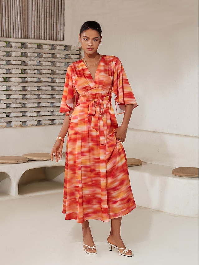  女性用 ヘムマキシ マキシドレス ルビーレッド ハーフスリーブ シェーディング プリント 夏 Ｖネック ドレス バケーション S M L