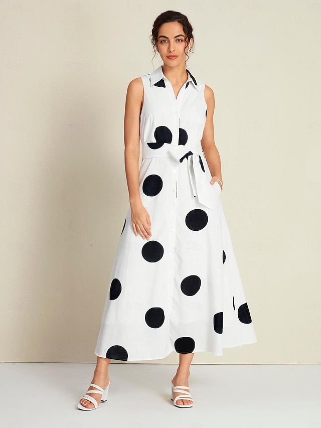  Femmes Robe Chemise Ourlet Maxi Robe maxi Blanche Sans manches À pois Avec Poches Ceinture à nouer Été Revers Décontracté Quotidien S M L