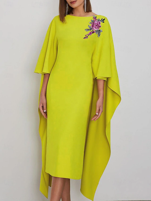 Sheath Cocktail Dresses Elegant Dress Formal Wedding Guest Tea Length Short Sleeve Jewel Neck Capes Stretch Crepe with Appliques Dresses 5