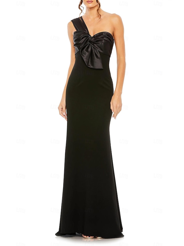  Robe de mariage invitée colonne  colonne Noire élégante Robe formelle Longueur au sol Sans manches Épaule dénudée Crêpe extensible avec nœud(s) 2025