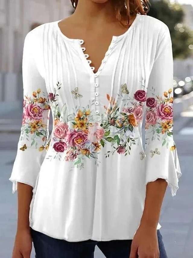  Women's T Shirt Basic Floral Buttons Print 3/4 Length Sleeve Regular Tops Round Neck Casual Holiday White