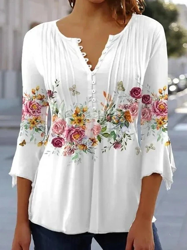 Women's T shirt Long Sleeve Basic Floral Buttons Print 3/4 Length Sleeve Regular Tops Round Neck Casual Holiday White Prefall 8