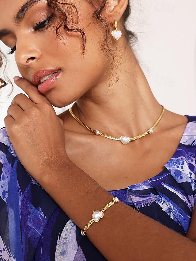  Mulheres Pulseiras em Correntes e Ligações Colar com Pérolas Braccialetto set Aço Inoxidável Elegante Moda