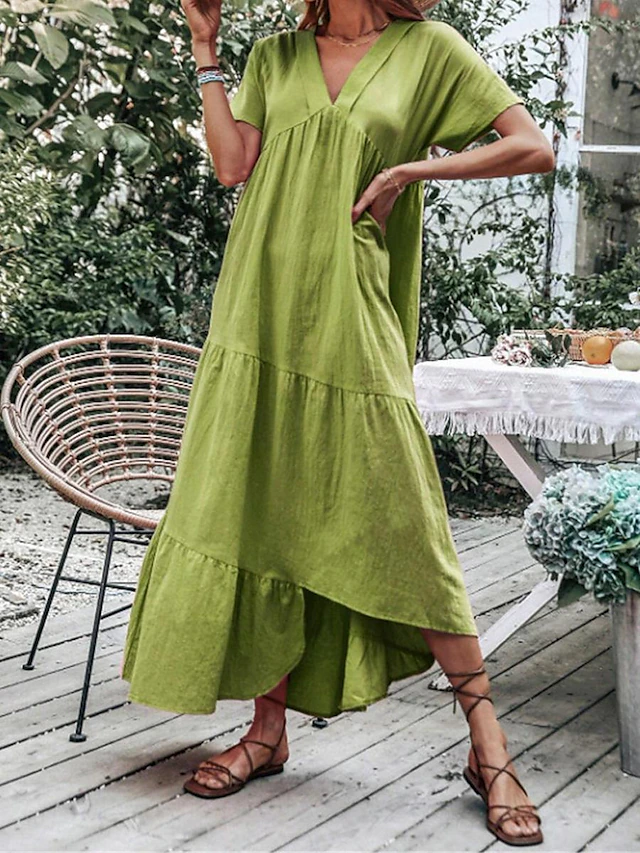 Women's Blue Sky Blue Green Summer Spring Maxi Dress Cotton Linen Dresses Casual Dress Basic Modern Daily Weekend Loose Fit Plain V Neck 11