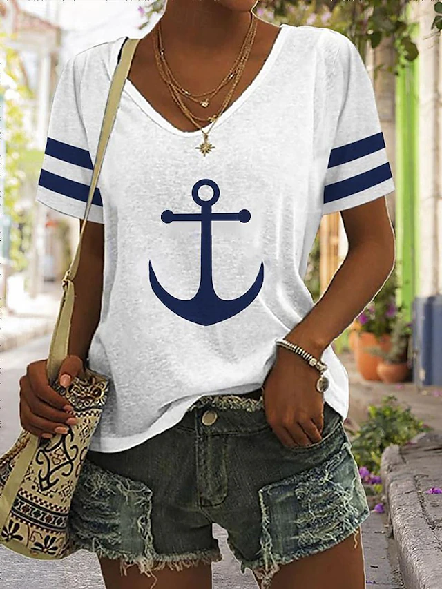 Women's T Shirt Burgundy Tee Basic Anchor Print Short Sleeve Regular Tops V Neck Daily Weekend White Blue 8