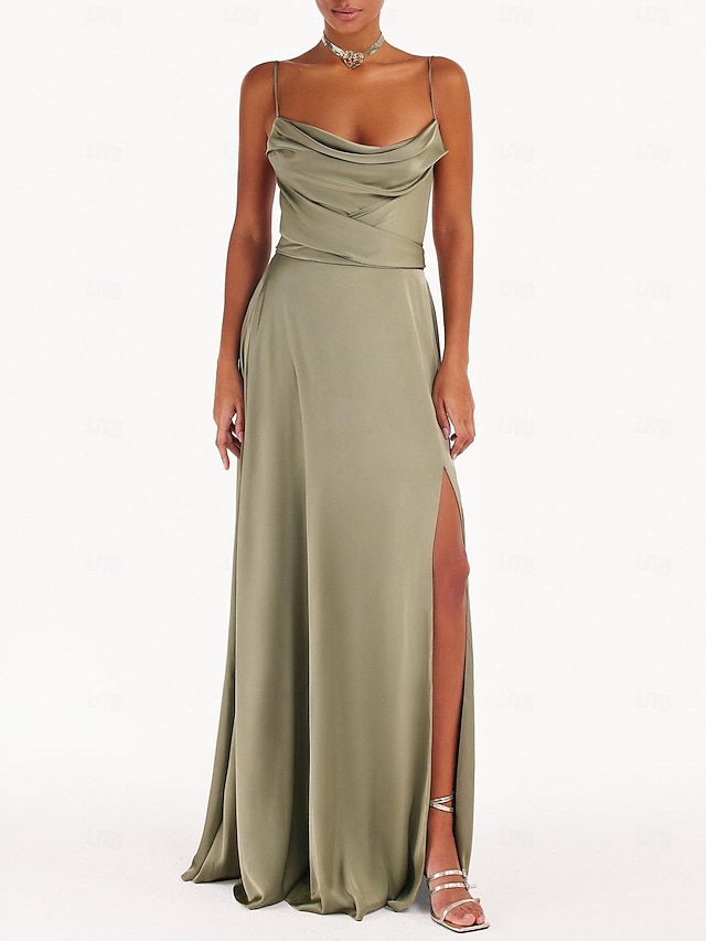 Elegant A-Line Straps Satin Long Party Dress Wedding Guest Dress, DP4252 main image 1