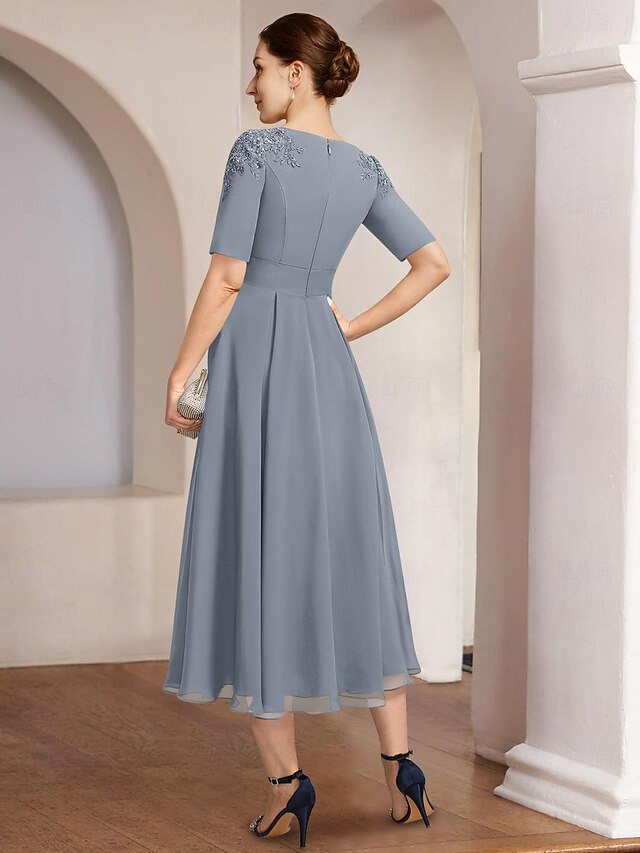A-Line Bateau Neck Long Sleeves Side Slit Mother of the Bride Dress