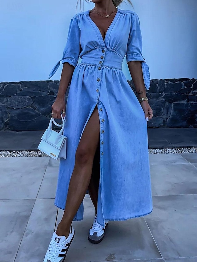  Damen Jeanskleider blusenkleid Maxikleid B¨¹ro Urlaub Denim Basic Modern V Ausschnitt Taste Halbe Ärmel Sommer Frühling Regular Fit Glatt