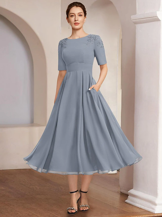 A-Line Mother of the Bride Dress Beach Wedding Formal Elegant Bateau Neck Tea Length Chiffon Half Sleeve with Lace 13