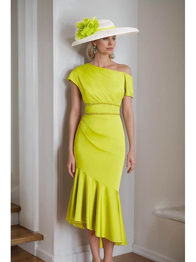  Robe de mariage invitée sirène élégante robe invitée de mariage longueur thé à manches courtes bretelle unique en charmeuse avec bretelles 2025