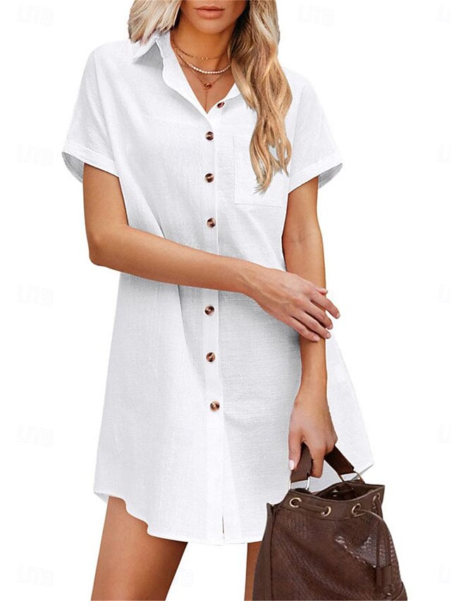 Women's White Dress Shirt Dress Mini Dress Date Vacation Cotton And Linen Basic Modern Shirt Collar Button Pocket Short Sleeve Summer Spring Loose Fit Plain3