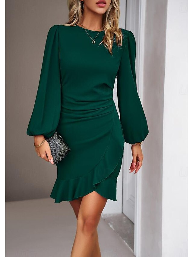 Women's Wrap Dress Mini Dress Ruffle Party Formal Boat Neck Puff Sleeve ...