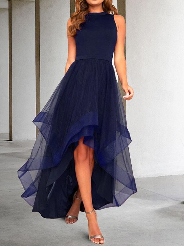  Vestidos de baile en A Elegante Vestido de baile Asimétrico Sin mangas Cuello joya Invitada a boda de otoño con pliegues