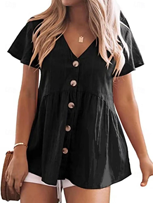 Shirt Button Up Blouse Dressy Tops Women's Black Pink Red Plain Buttons Street Daily Fashion V Neck Regular Fit S 7