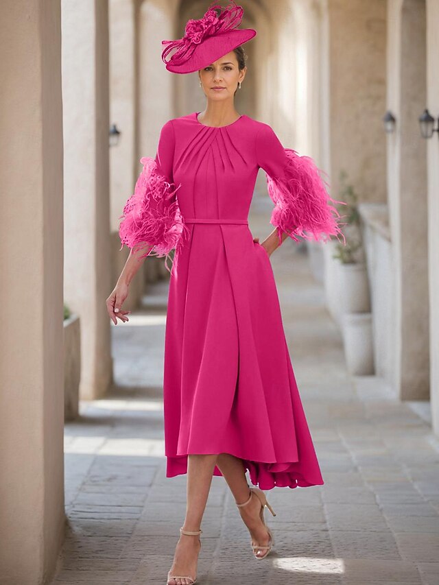 A-Line Mother of the Bride Dress Wedding Guest Elegant Jewel Neck Asymmetrical Stretch Fabric Half Sleeve with Feather 5