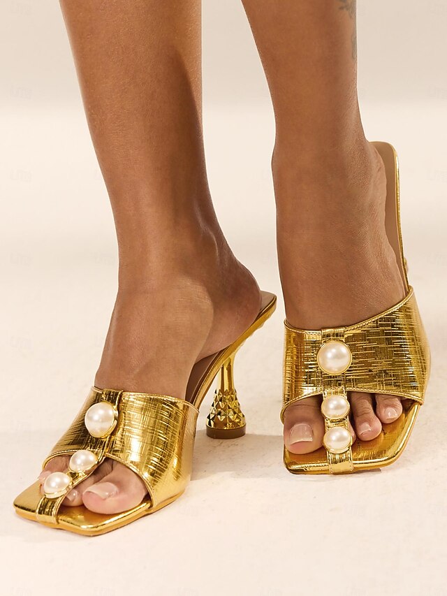 Luxurious Gold Leather Mules with Pearl Accents and Sculptural Heels - Elegant Women's Slip-On Dress Sandals 8
