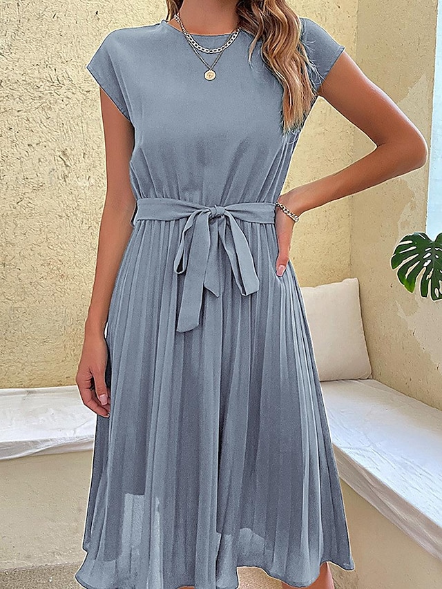  Women's Midi Dress Cap Sleeve Pleated A-line Self-tie Belt Crew Neck Solid Color Elegant Green Lightweight Breathable Summer Casual Office Semi-Formal Regular Fit Clothing Apparel