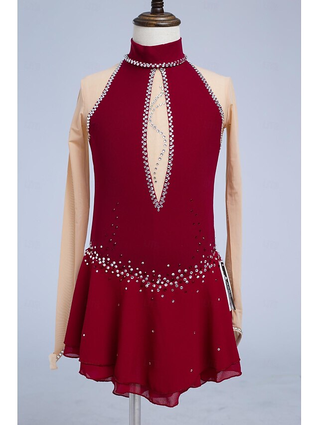 Figure Skating Dress Women's Girls' Ice Skating Dress Burgundy Thumbhole Mesh Spandex Stretchy Training Practice Professional Skating Wear Thermal Warm Classic Crystal / Rhinestone Long Sleeve Ice4