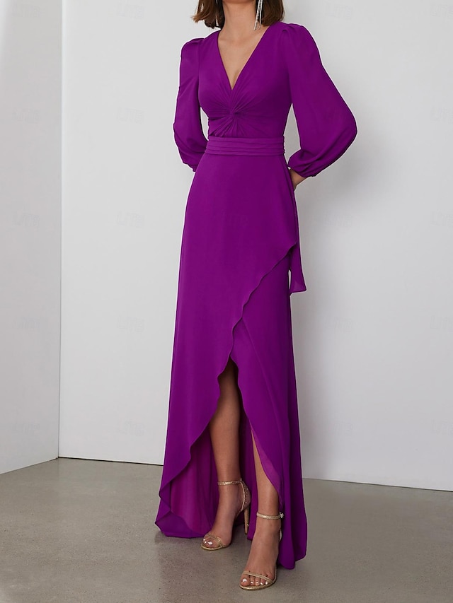  A-Lijn Bruiloftsgasten Jurken Elegante Jurk Formeel Zwart-Tiek Vloerlengte Lange Mouw V-hals Chiffon Rugloos met Krys-Kruis