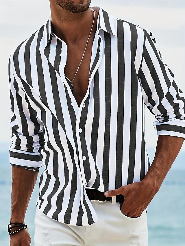  Herren Hemd leinenhemd Sommerhemd Strandbekleidung Knopfhemd Hellrosa Schwarz Rosa Himmelblau Hell Gray Langarm Gestreift Kragen Urlaub Curise Bekleidung Baumwolle und Leinen Modisch Freizeit
