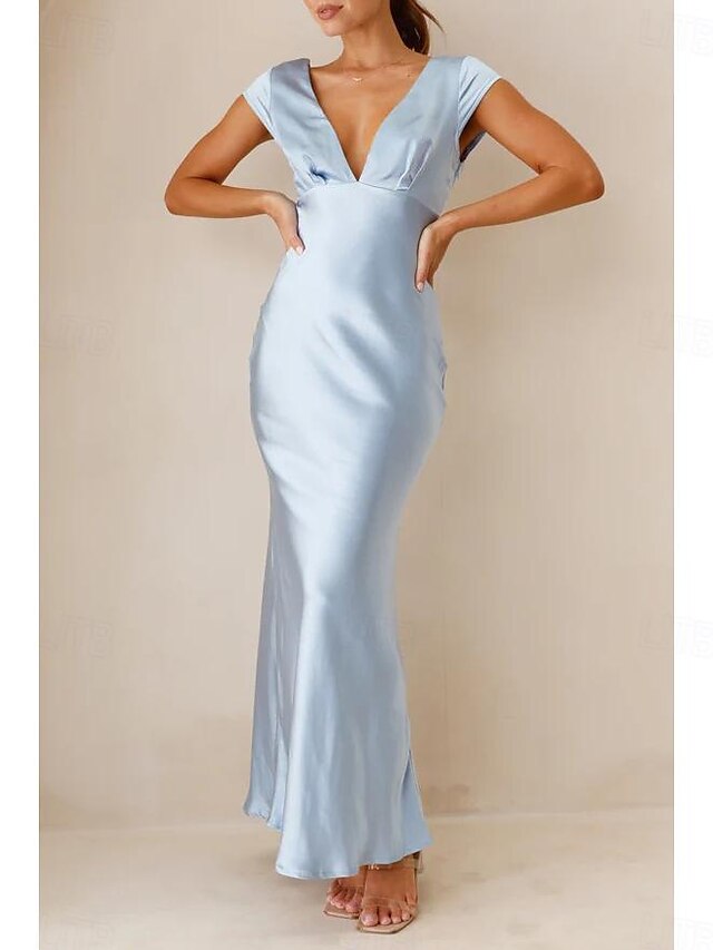  Robe de mariage invitée en mermaid bleu ciel Robe élégante Formelle Cravate noire Longueur au sol Manches courtes Col en V Charmeuse Dos croisé avec fronces 2025