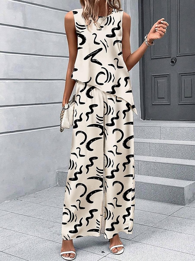  Damen 2 Teile Modisches Tanktop Hosen Sets Weite Hosen Langarm Ärmellos Rundhals Grafik Druck Lässig Täglich Beige Sommer Reguläre Passform