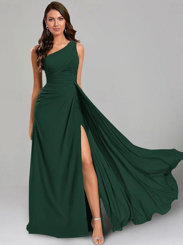 Rochii de oaspeți la nuntă A-Line Rochie Elegantă Cravată Neagră Lungime Pardoseală Mâneci Scurte cu Un Umăr Rochie de Domnișoară de Onoare Chiffon cu Pliseuri