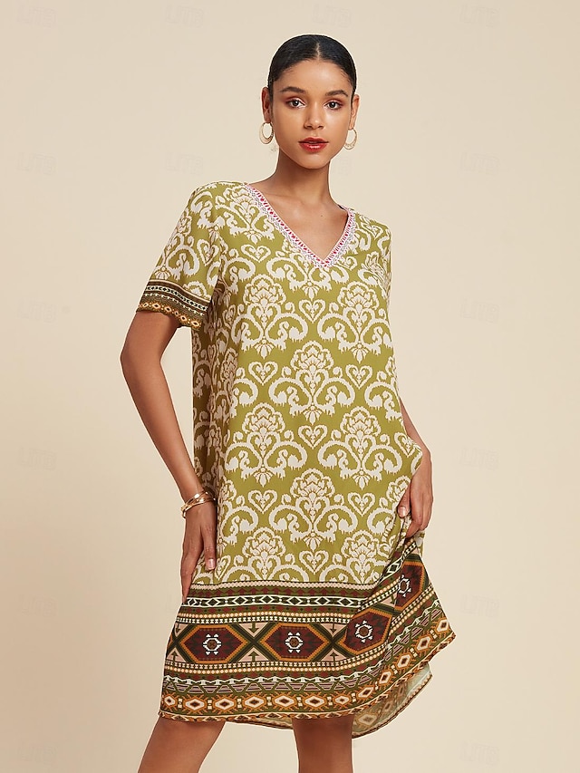  Chiffon Geometric Boho V Neck Short Sleeve Mini Dress