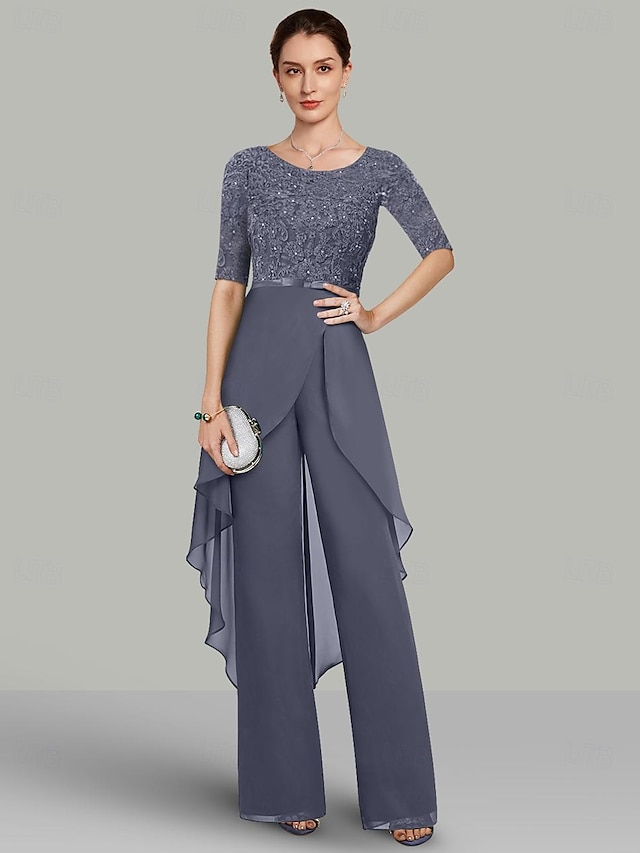  Két Részből Álló Jumpsuit  Nadrágruha Menyasszony Anyjának Menyegzői Vendég Elegáns Ékszer Nyakú Padló Hosszú Chiffon Csipke Félujjú Csipke Rózsa ingyenes egyedi méret
