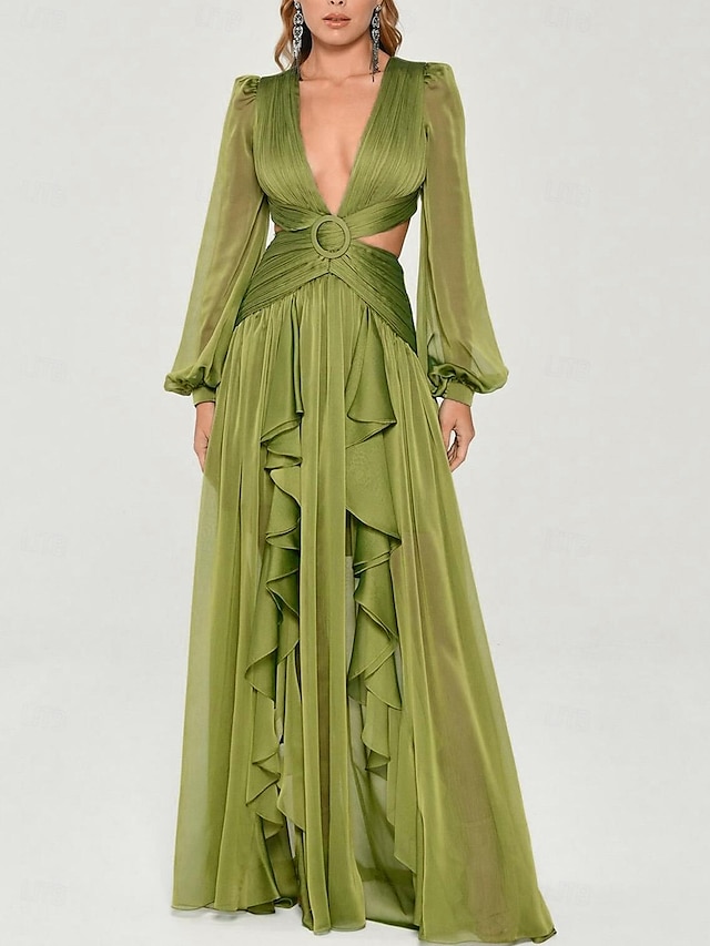  A-Line Evening Gown Elegant Dress Formal Fall Floor Length Long Sleeve V Neck Chiffon Crisscross Back with Criss Cross Ruffles 2025