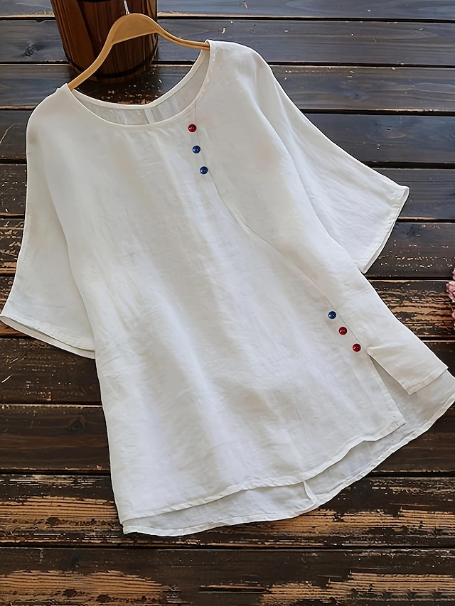  Damen Übergröße Leinen-inspirierte Hemden T Shirt Einfach Täglich Kurzarm Rundhalsausschnitt Normale Oberteile Täglich Knöpfe Weiß Frühling Ganzjahres