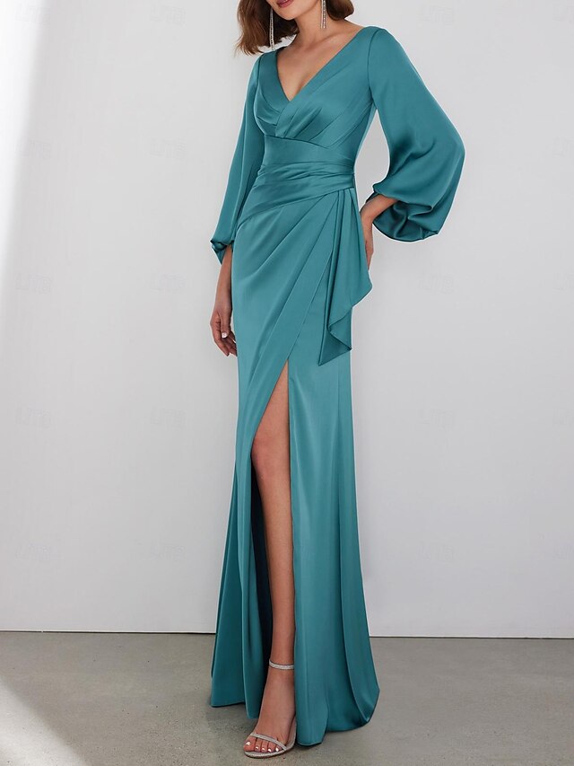  Abiti da invitata al matrimonio A-Line abito elegante formale black tie lunghezza del pavimento maniche lunghe collo a V charmeuse con arricciato