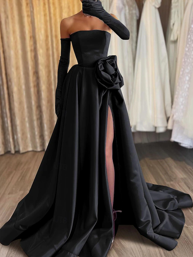 A-Line Evening Gown Elegant Dress Carnival Formal Floor Length Sleeveless Strapless Satin with Appliques 5