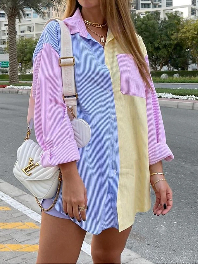 Women's Shirt Blouse Casual Color Block Striped Buttons Pocket Print Long Sleeve Regular Tops Shirt Collar Daily Pink Blue Spring & Summer 19