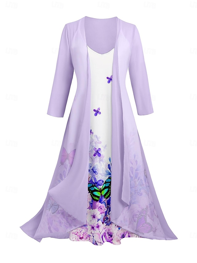  Mujer Conjunto de vestido Vestido informal Vestido Estampado Moda Casual Floral Estampado Vestido Midi Manga 3/4 Escote en Pico Exterior Vacaciones Negro Blanco Morado Verano Primavera Holgado
