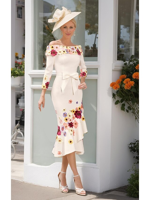 Sheath Mother of the Bride Dress Formal Elegant Off Shoulder Floor Length Stretch Fabric 3/4 Length Sleeve with Bow(s) Ruched Race Day Dress4