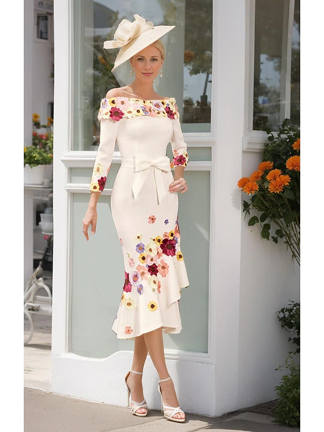 Sheath Mother of the Bride Dress Formal Elegant Off Shoulder Floor Length Stretch Fabric 3/4 Length Sleeve with Bow(s) Ruched Race Day Dress4