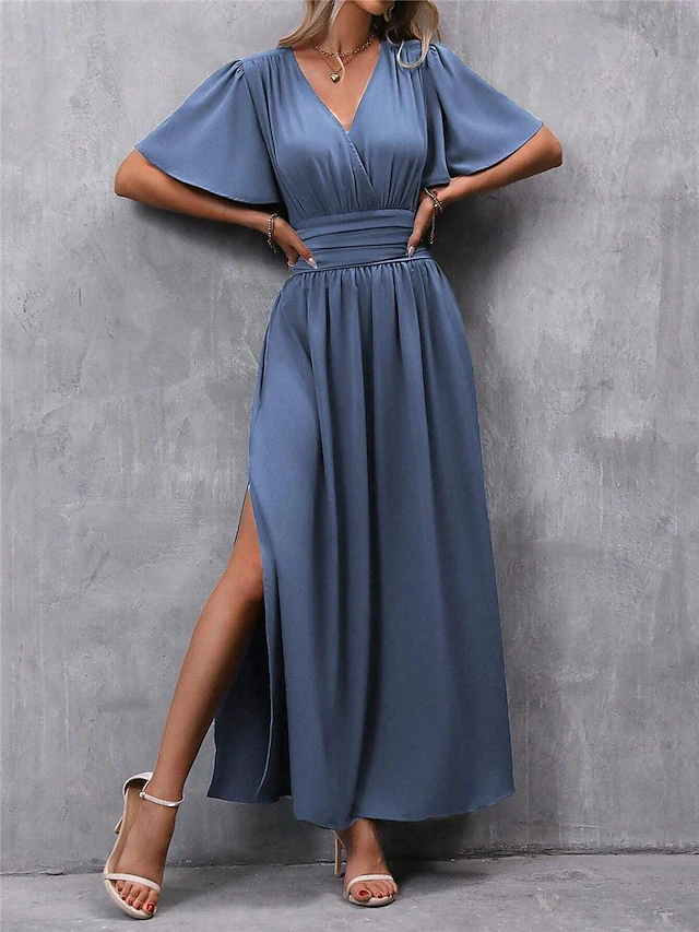 Women's Summer Dress Maxi Dress Split High Waist Wedding Party Elegant Formal V Neck Short Sleeve Blue Color 8